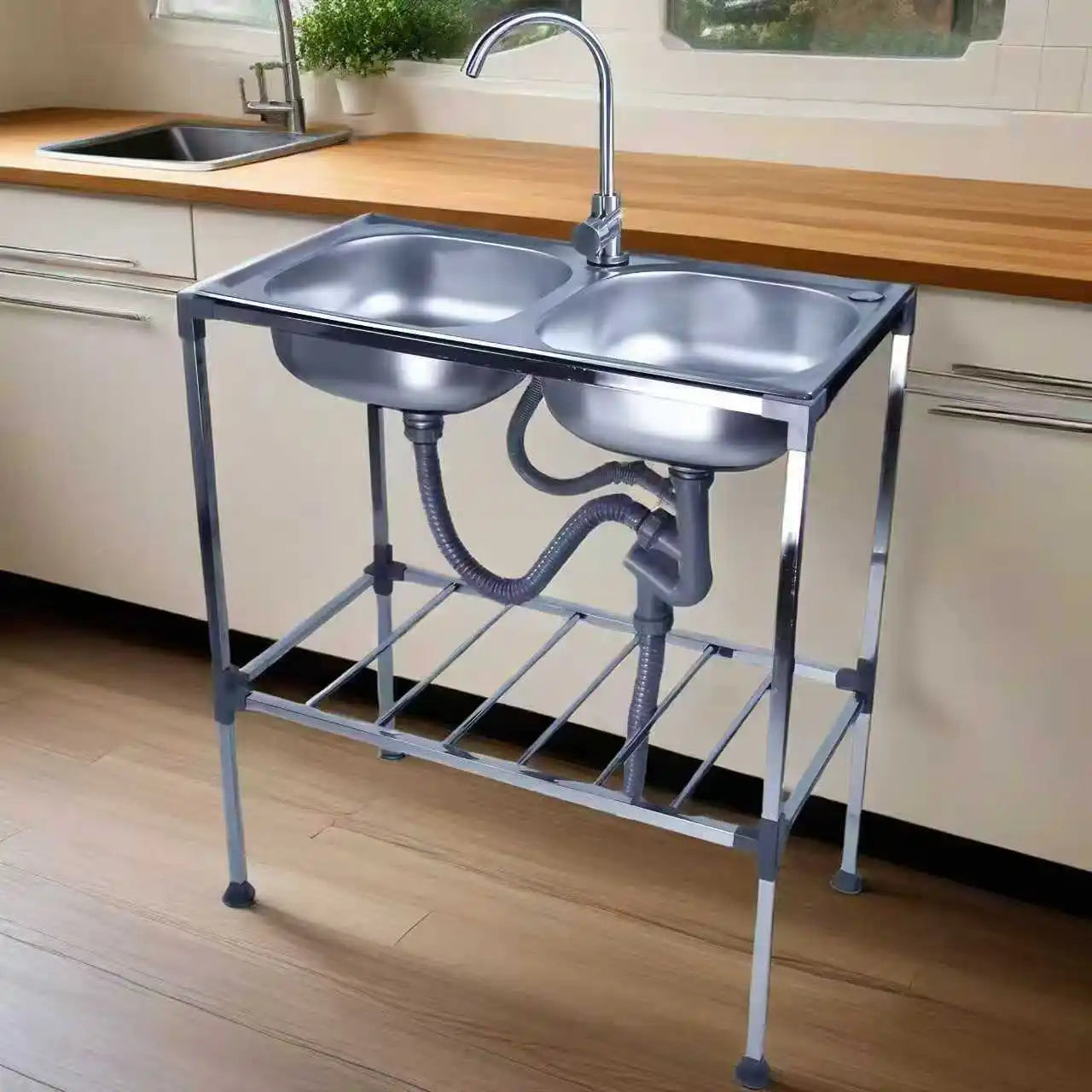 Edelstahlspüle, freistehendes Doppelschüssel-Küchenspülbecken mit Wasserhahn, Warm- und Kaltwasserrohr, Silber 75 * 40 * 83 cm