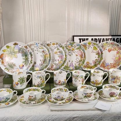 Bone China Dinner Plate Anime Cup and Saucer Set Coffee Mug Cute Cartoon Pattern Ceramic 9.5 Inch Dish Household Tableware Gift.