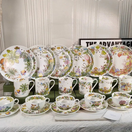 Bone China Dinner Plate Anime Cup and Saucer Set Coffee Mug Cute Cartoon Pattern Ceramic 9.5 Inch Dish Household Tableware Gift.