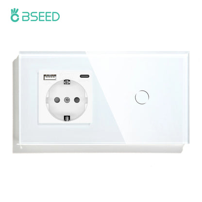 BSEED Touch-Lichtschalter mit EU-Stromsteckdosen, weiße Wand-LED-Schalter, 1/2/3 Gang, 1-Wege-Kristallglas-Panel, dunkle Hintergrundbeleuchtung