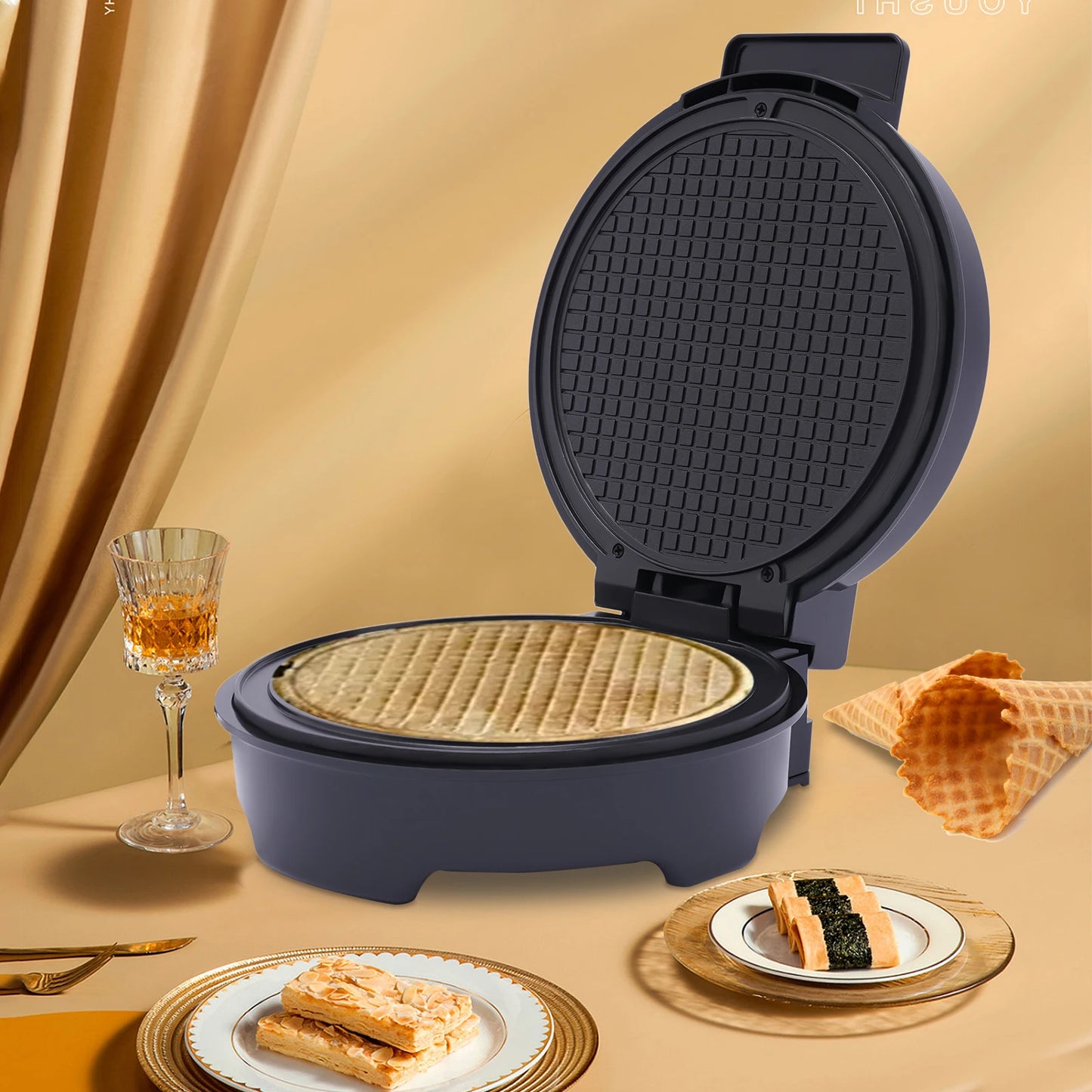 Waffle Iron 1200W Electric Waffle Cone Maker Non Stick Iron Plate Baking Mould with Anti Scalding Handle Indicator Light.