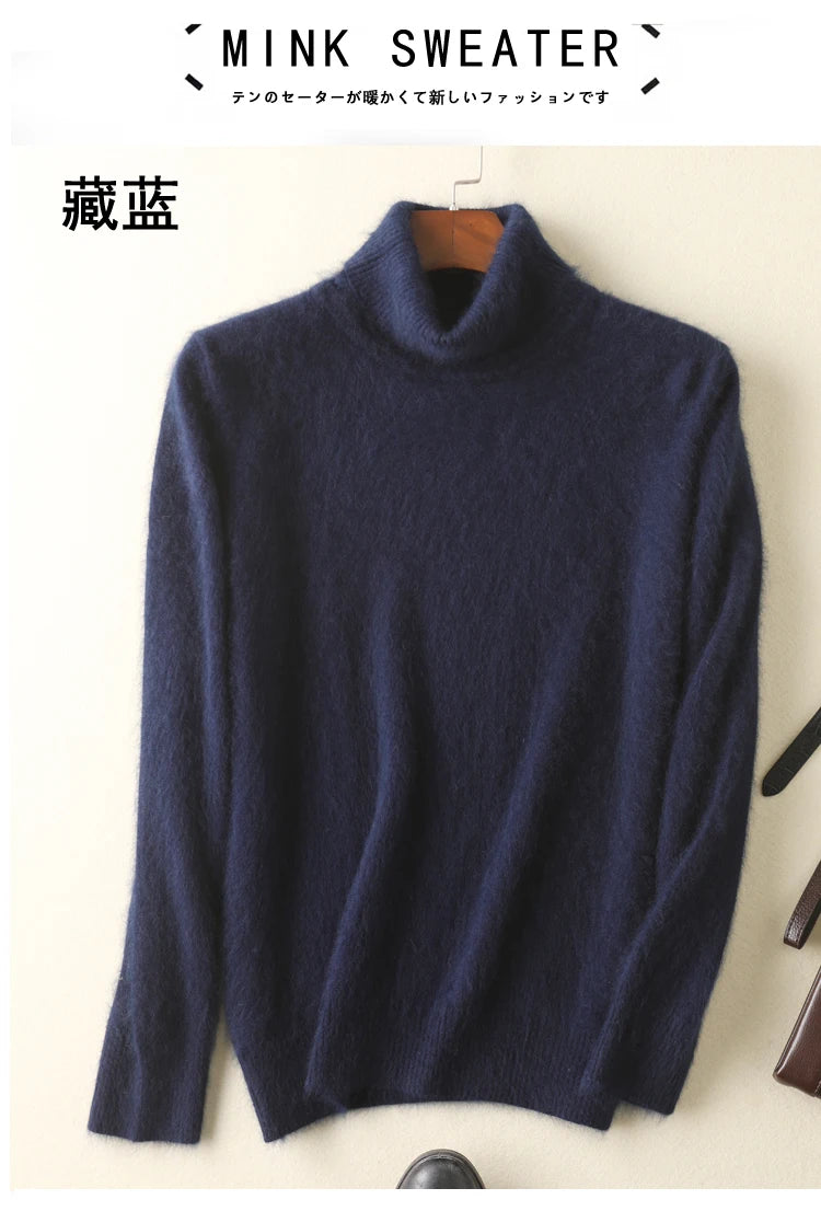 Men's 100% pure Mink Knitted Sweater Turtleneck Large Size Casual Pullover Autumn Winter New Base Shirt Men Warm High Lapels Top