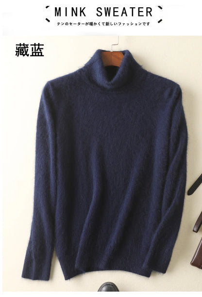 Men's 100% pure Mink Knitted Sweater Turtleneck Large Size Casual Pullover Autumn Winter New Base Shirt Men Warm High Lapels Top
