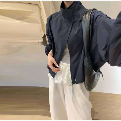 Straße Solide Zipper Dünne Jacke Frauen Stehen Kragen Volle Hülse Kordelzug Straße Jacken 2025, Herbst Dame Casual Outwears Neue.