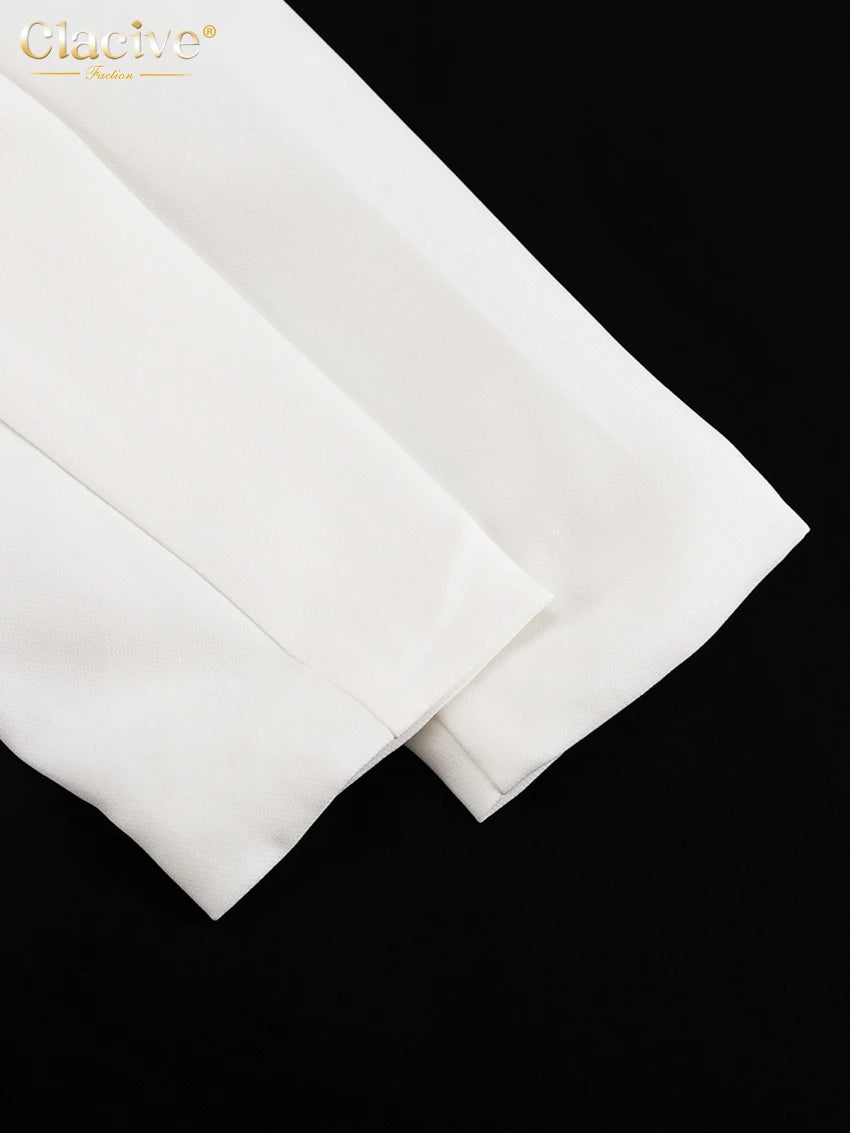 Clacive Sexy schlankes weißes Damenkleid 2025, modisches V-Ausschnitt, lange Ärmel, knöchellanges Kleid, elegantes, klassisches, geschlitztes Damenkleid.