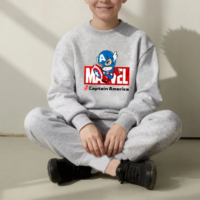 Marvel Spring/autumn Children's Clothing  Sets Captain America Boys O Neck Hoodies Pants Two Piece Casual Pullover Set for Kids.