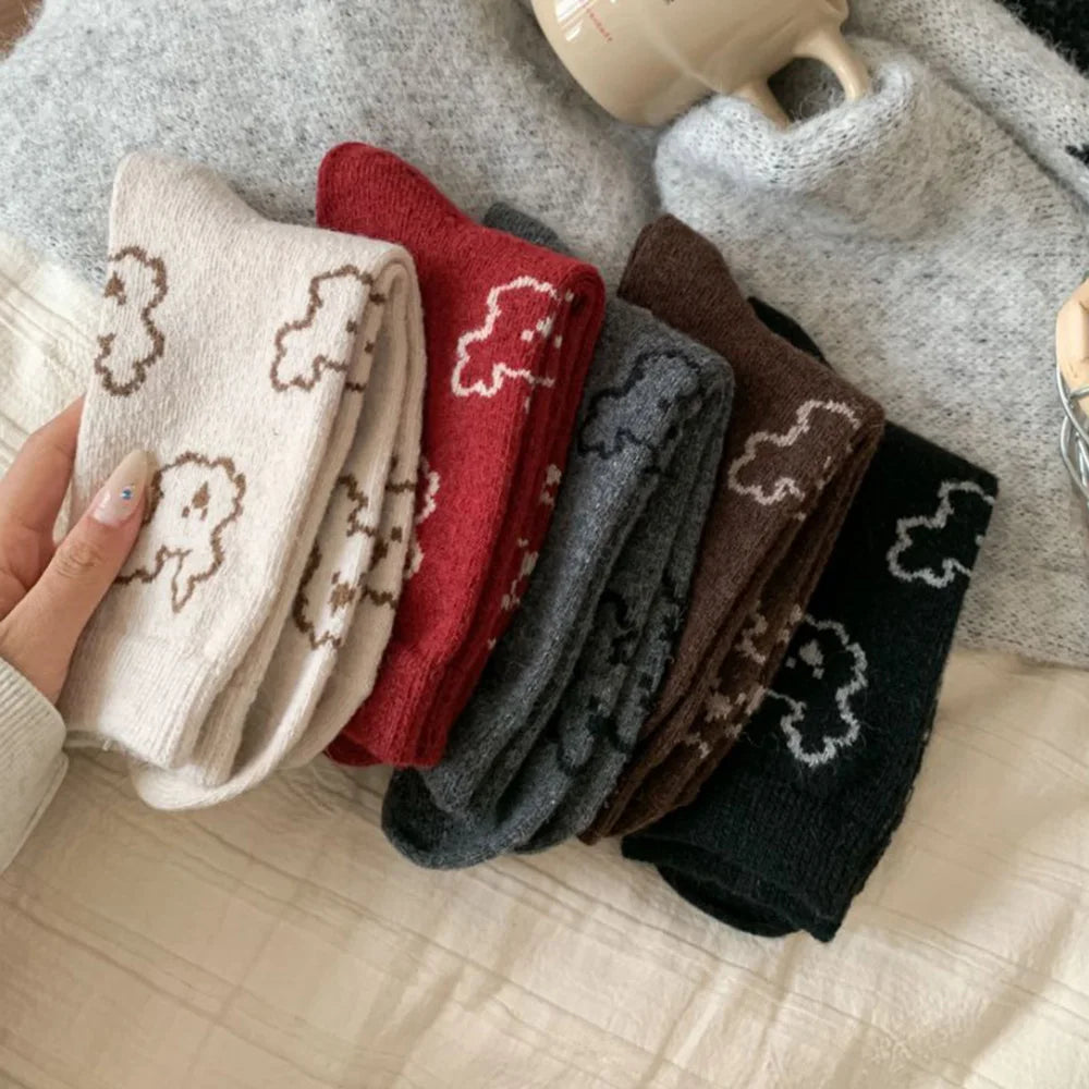 Christmas Gift Socks Women Winter Keep Warm Wool Socks Cute Bear Cartoon Happy Funny Kawaii Daily Streetwear Woman Floor Socks.