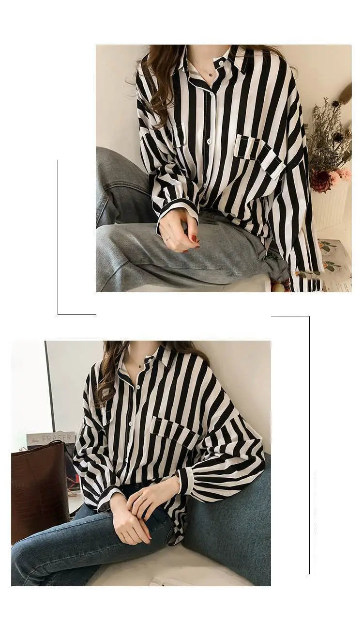 1pcs Woman Spring Autumn Stripe Shirts Lady Casual Long Sleeve Turn-down Collar Loose Shirt Female Chiffon Temperament Tops.