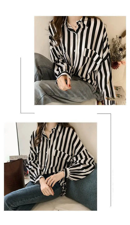 1pcs Woman Spring Autumn Stripe Shirts Lady Casual Long Sleeve Turn-down Collar Loose Shirt Female Chiffon Temperament Tops.