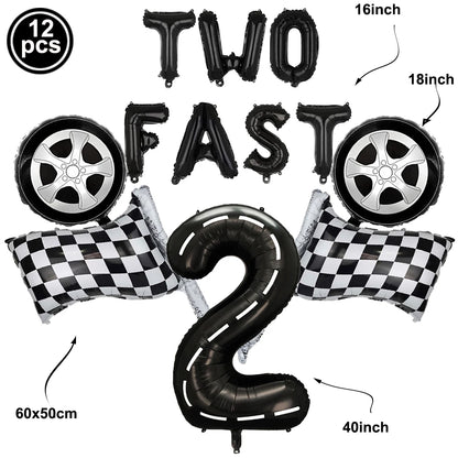 Rennwagen-Thema, zwei schnelle Jungen, Partydekorationen zum 2. Geburtstag für Rennwagen, karierte Flaggen, Rennrad, Einweggeschirr