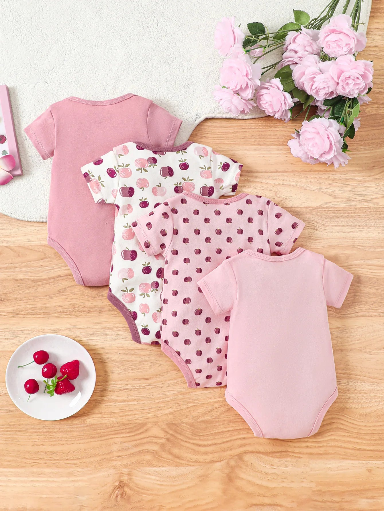 4PCS Neugeborenen Strampler Kurzarm Rundhals Cartoon Tier Blumen Drucken Body Onesies Für Baby Jungen Und Mädchen Kleidung.