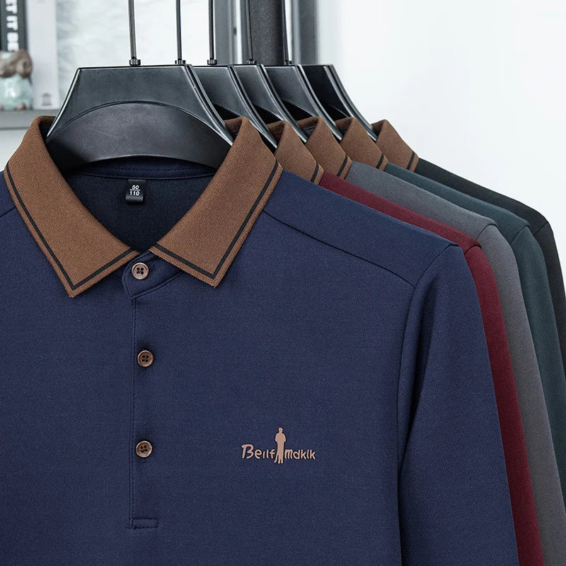 Men's Polo Shirt Long Sleeve Luxury Brand Autumn Winter Lapel Collar Button Business Casual Classic Office Warm T-shirt Menswear.