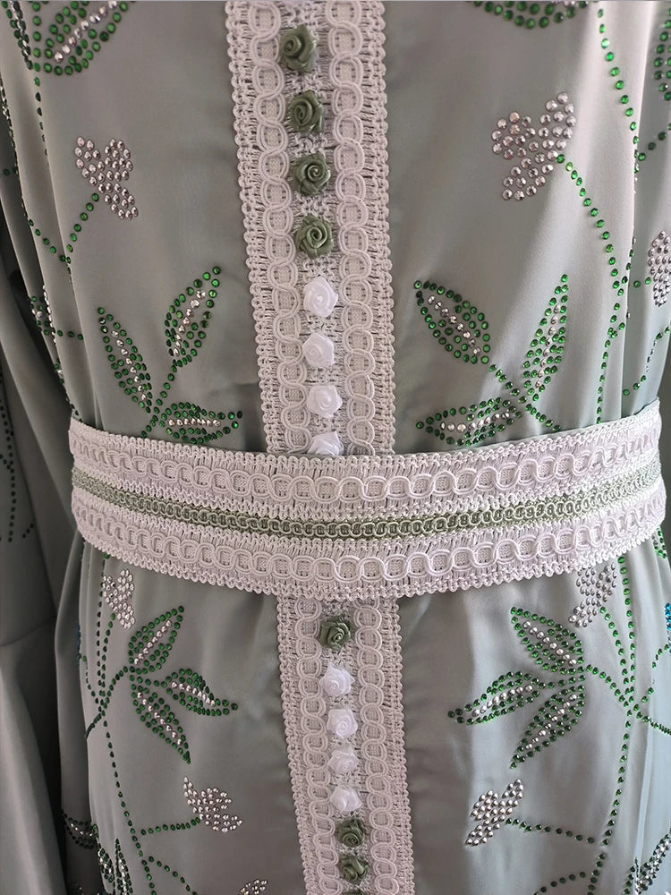 Indien Türkei Muslimischen Abaya Kleider Frauen Elegante Diamant Hochzeit Abend Party Kleid Spitze Gürtel Abaya Marokko Kaftan Robe.