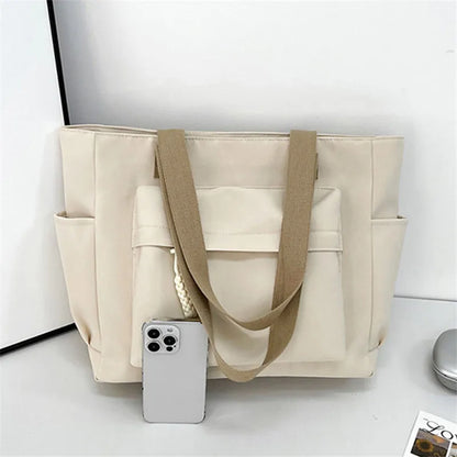 Nylon Tote Bag with Multiple Pocket Lightweight Foldable Design for Office Commute Shopping Fitness Storage Handbag Shoulder Bag.