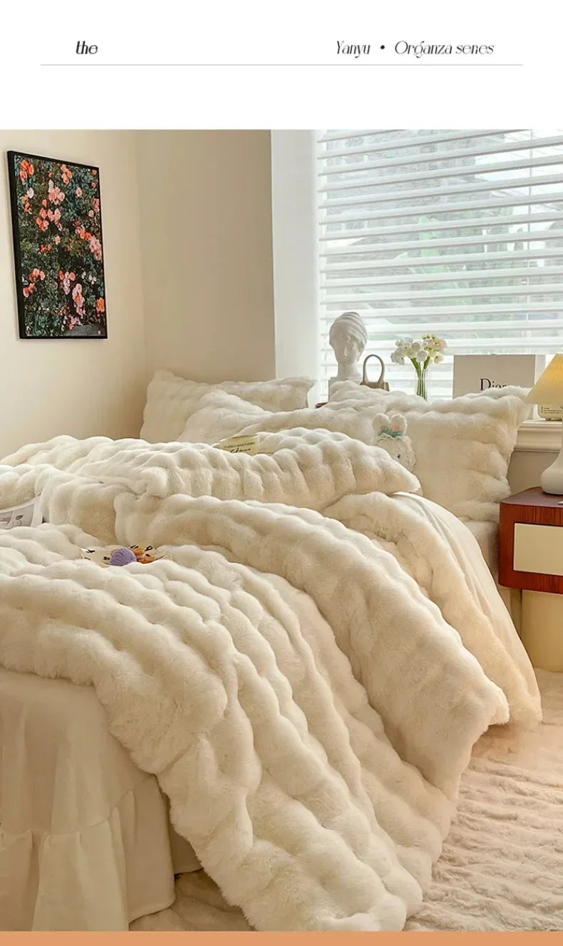4pcs Grey Rabbit Fur Bedding Set Thick Milk Plush Winter Duvet Cover Warm Bed Sheets, Queen Size Four Piece Set  Bedroom Decor.