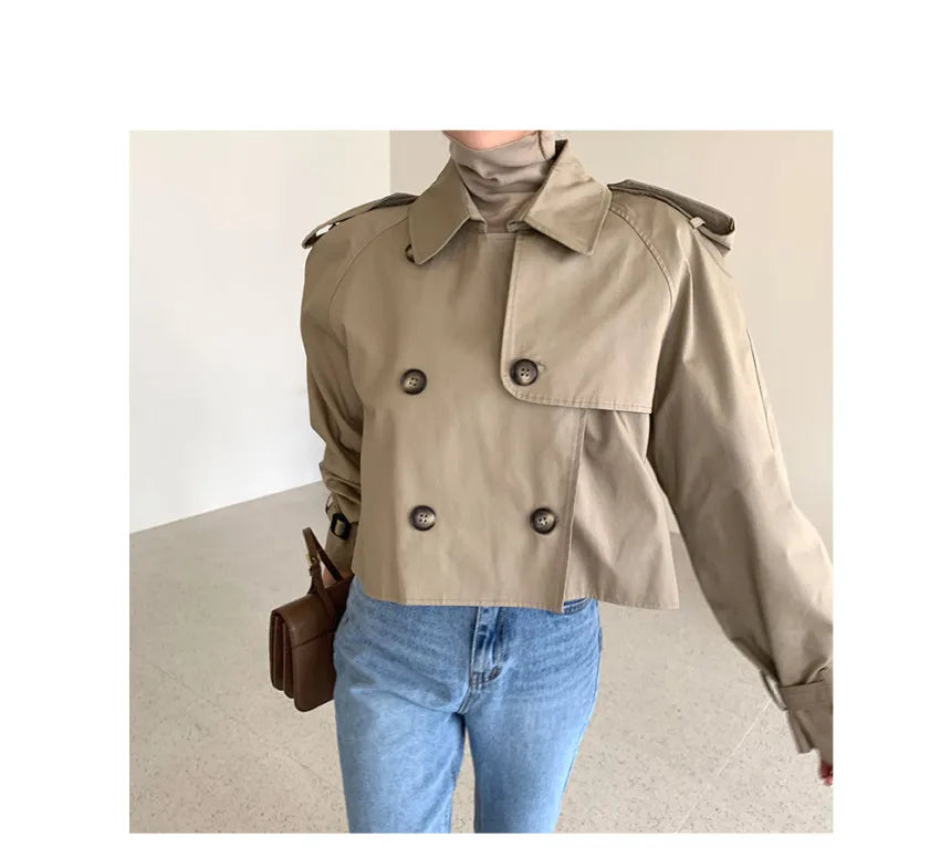 Vintage Zweireiher Graben Jacken Frauen Lose Chic Büro Dame Crop Tops Herbst Weibliche Mäntel Alle-spiel Lose Windjacke.