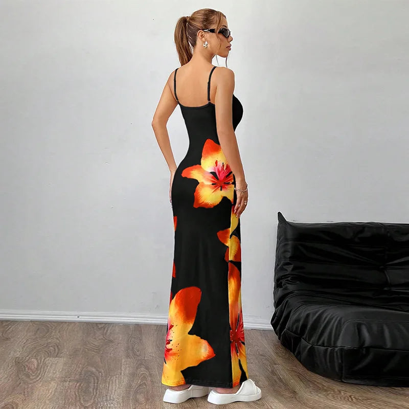 Frauen Floral Bedruckte Spaghetti Strap Slash Neck Maxi Kleid Sommer Backless Sexy Bodycon Strand Urlaub Urlaub Party Lange Dresse.