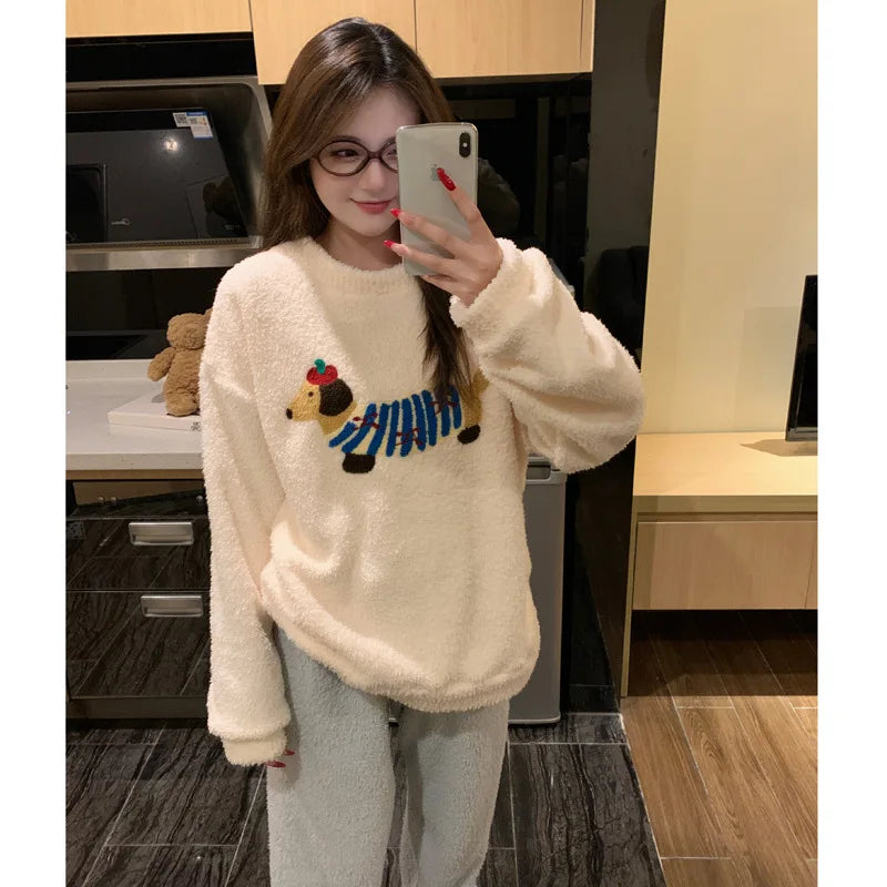 Kawaii Hello Kitty Pajamas Girl Sanrio Long-Sleeved Loungewear Sweet Young Student Girl  Warm Home Clothes Sleepwear Set.