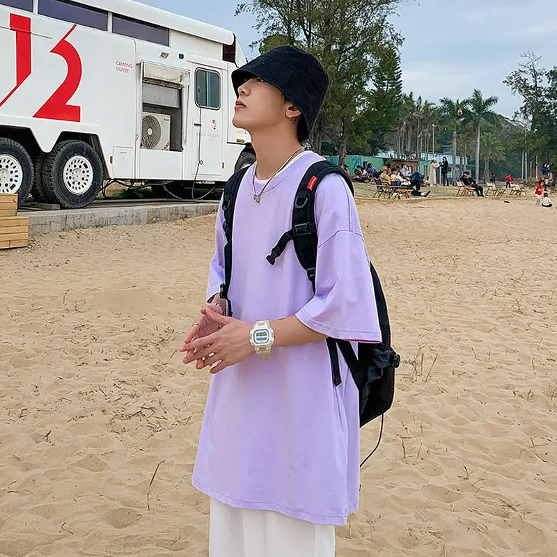 100% Cotton Half Sleeve Men Women Summer T-shirt Fashion Solid Color Simple O Neck Tops Loose Casual Basic Short-sleeved.