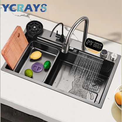YCRAYS Digital Display Nano Kitchen Sink Large Single Bowl SUS304 Waterfall Faucet Cup Washer Purified Tap Soap Dispenser