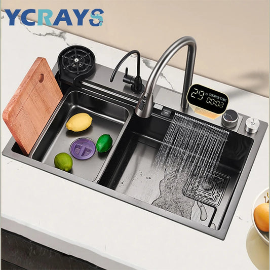 YCRAYS Digital Display Nano Kitchen Sink Large Single Bowl SUS304 Waterfall Faucet Cup Washer Purified Tap Soap Dispenser