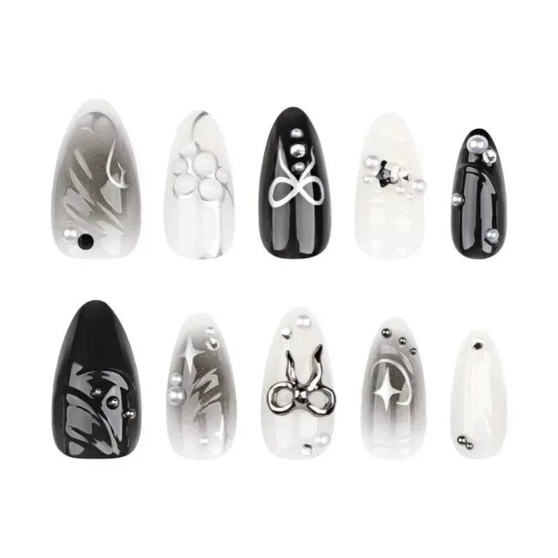 24Pcs False Nails Spicy Girl Silver Bow with Diamond Fake Nails with Glue Almond Press on Nails Black Cool Y2k Almond Nail Set.