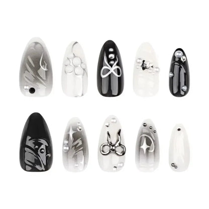 24Pcs False Nails Spicy Girl Silver Bow with Diamond Fake Nails with Glue Almond Press on Nails Black Cool Y2k Almond Nail Set.