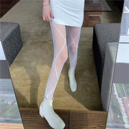 Female Vintage Fishnet Lace Pattern Tights Hollowed Rhombus Striped Geometric Jacquard Pantyhose Anti-pilling JK woman Legging