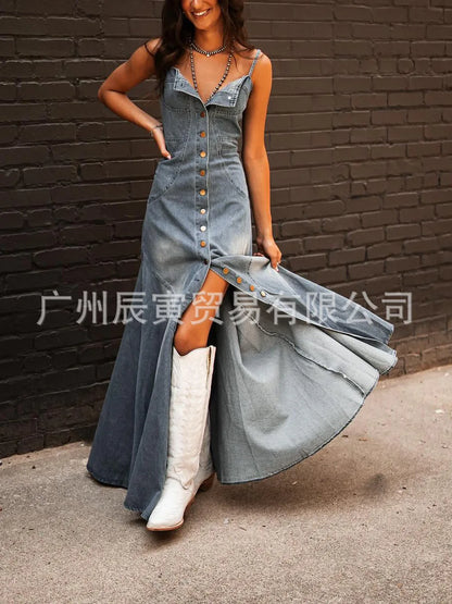 Europa und die Vereinigten Staaten Retro Wash Do Old Denim Neckholder Slim Single-Breasted Big Swing Kleid für Damen Sommer Vestidos.