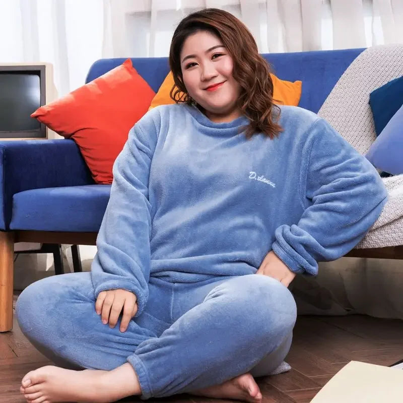 Winter Pajamas Coral Fleece Warm Pajamas Set Thick Long Sleeve Large Size 85kg Outside Pajamas Elastic Waist Trousers Pajama Set.