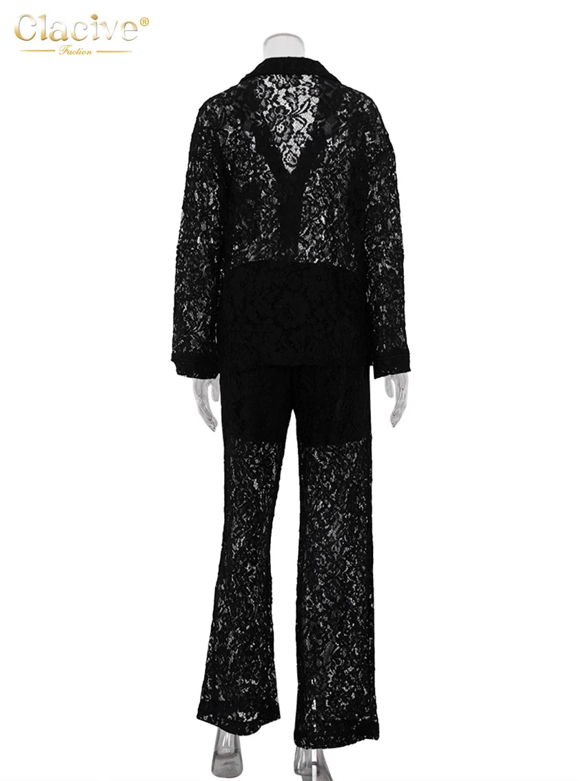 Clacive Sexy Loose Black Lace See Through Trousers Sets Women 2 Pieces Fashion Long Sleeve Shirt With High Waist Wide Pants Set.