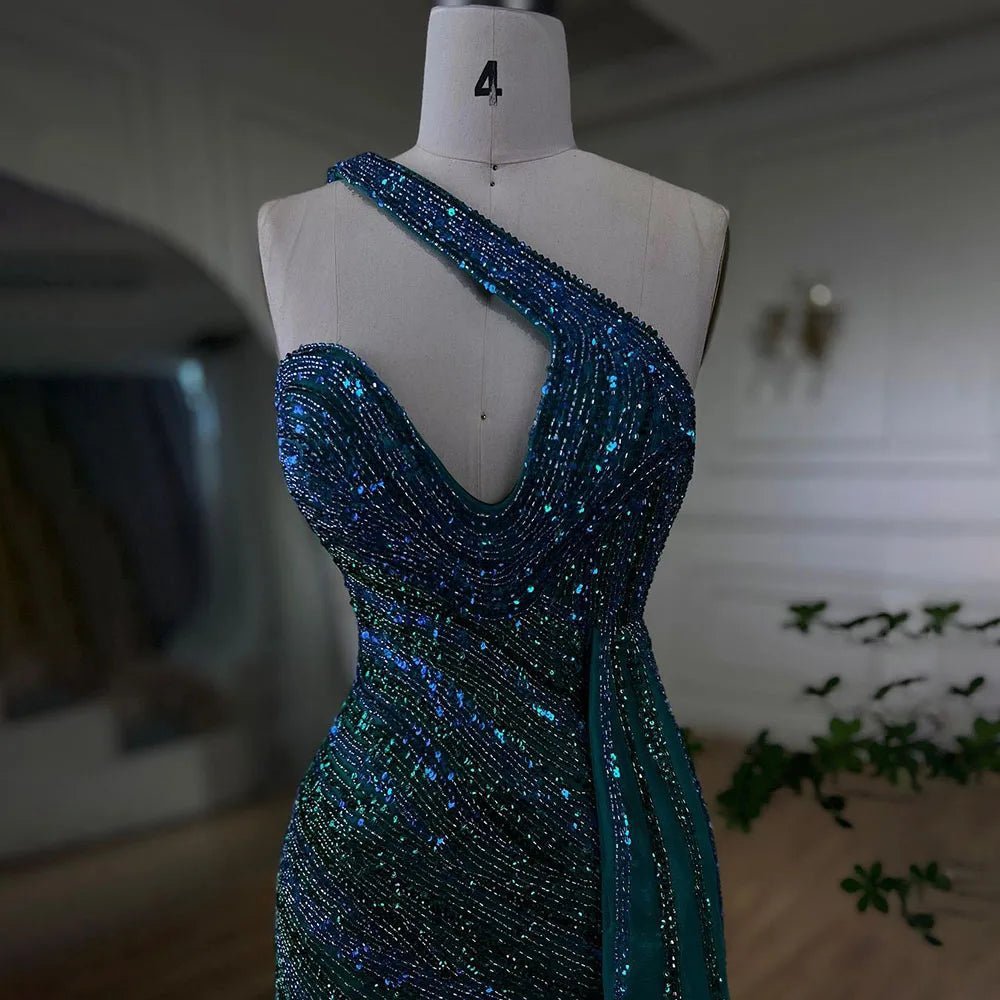 Blau Grün Meerjungfrau Sexy High Split One Shoulder Perlen Lange Abendkleider Kleider Anpassen Hochzeit Party BLA72104 Serene Hill.