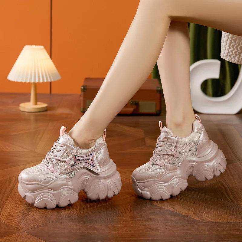 AUTUSPIN 10cm Pink Thick Soled Shoes for Summer Women Breathable Lace-up Ladies Sneakers Outdoor Casual Fashion Platform Shoes