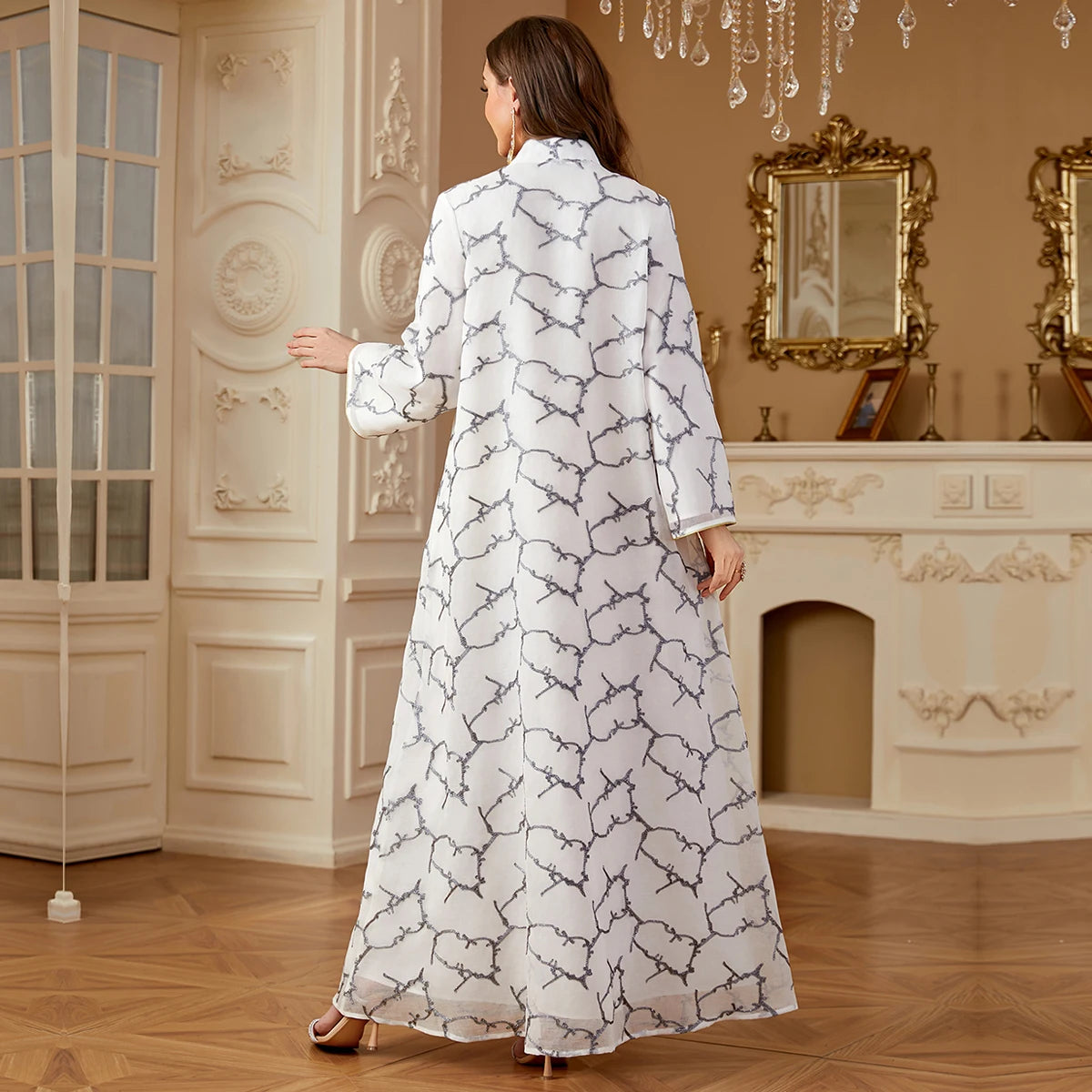 Uni Ramadan Dubai Woman’s Abayas Embroidered Sequin Floral Patter V-Neck Elegant Casual Kebaya Muslim Moroccan Long Dress.