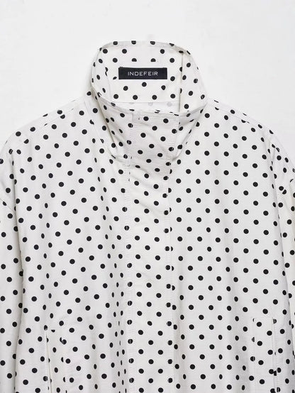 TRAFZA Herbst Polka Dot Gedruckt Jacke Für Frauen Lange Ärmel Rollkragen Zipper Mit Taschen Kordelzug Lose Vintage Mäntel