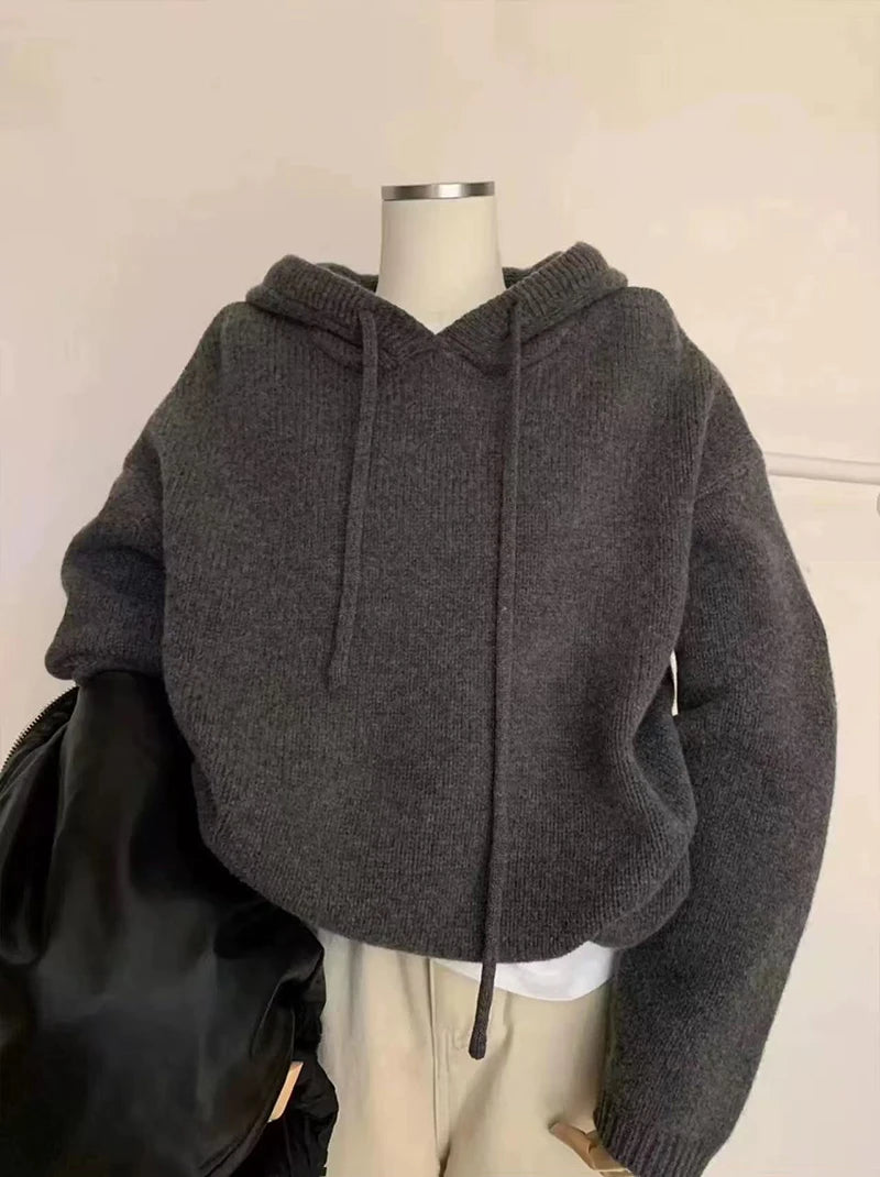 Autumn Knitted Hoodie for Women Korean Loose Thick Warm Casual Sweatshirt Bf Solid Simple Basic All Match Pullover Sweater New.