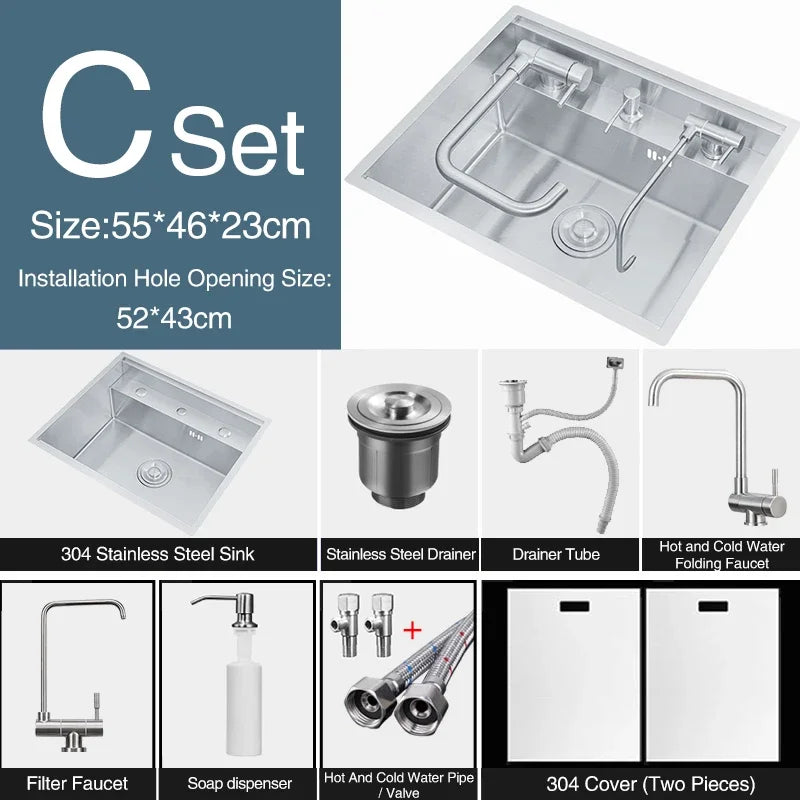 Nanometer Double Cover Hidden Kitchen Sink 304 Stainless Steel 3 Holes Handmade Single Large Size Kitchen Hidden Sinks