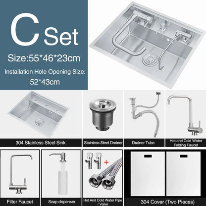 Nanometer Double Cover Hidden Kitchen Sink 304 Stainless Steel 3 Holes Handmade Single Large Size Kitchen Hidden Sinks