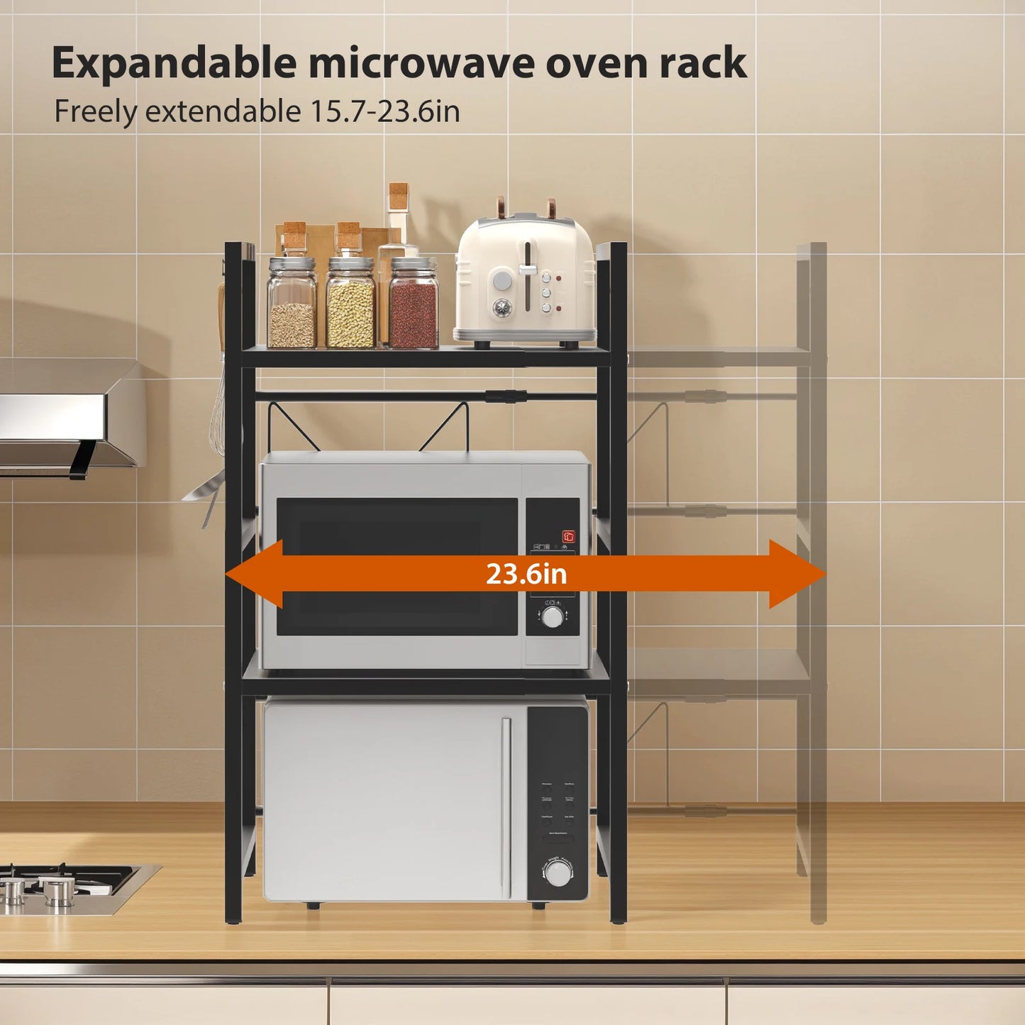 Kitchen Storage Rack Metal Condiment Organizer Shelf Expandable Microwave Shelf Height Adjustable.