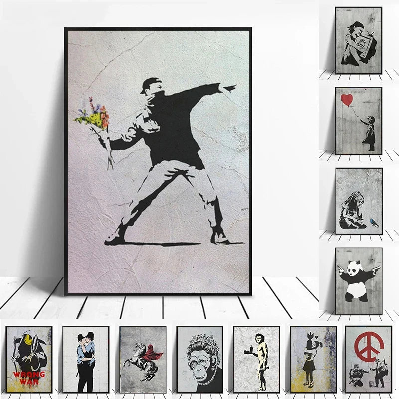 Banksy Graffiti Artwork Canvas Painting Prints Wall Art Pictures Girl with Red Balloon Black White Posters Nordic Home Decor.