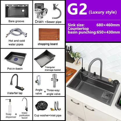 Waterfall Sink Kitchen Stainless Steel Topmount Sink Large Single Slot Wash Basin With Multifunction Touch Waterfall Faucet