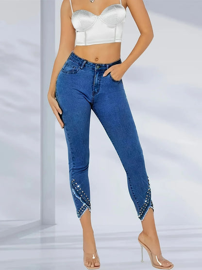 Plus Size Diamond Decorated Elastic Slim Fit Jeans Women's plus Size Washed Denim Stretchy Comfortable Big Size Female Pants.