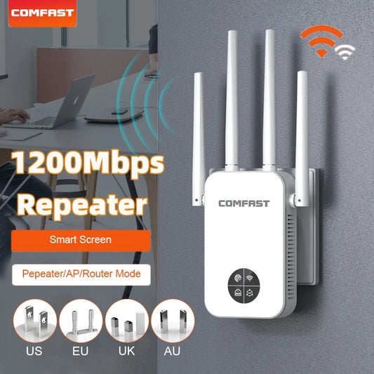 Comfast 1200Mbps Wifi Repeater 2.4/5G Dual-band Wireless WIFI Extender Smart Screen Home Router 4 Antennas WPS/RESET EU Plug.