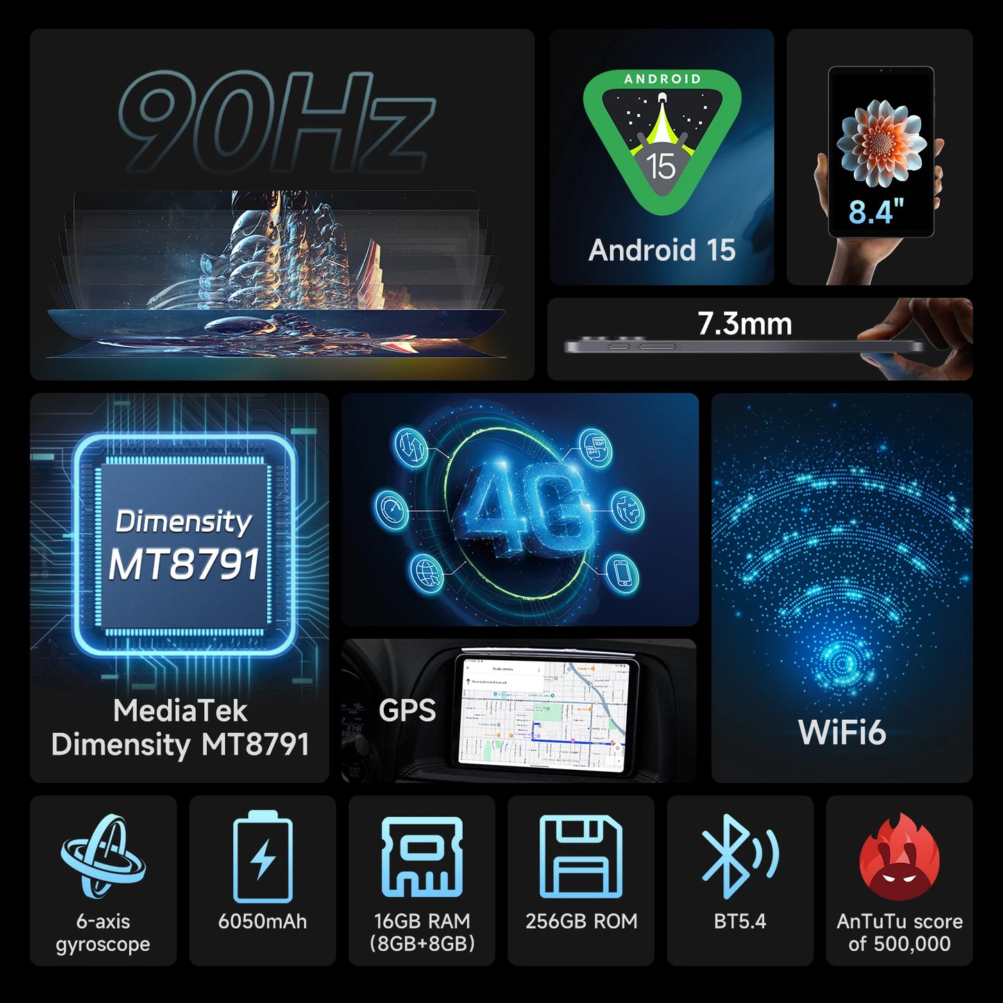 ALLDOCUBE iPlay70 mini Pro Tablet 8.4" 90Hz Display MT8791 16GB（8GB+8GB Virtual）RAM 256GB ROM 4G LTE 6050mAh Android15.