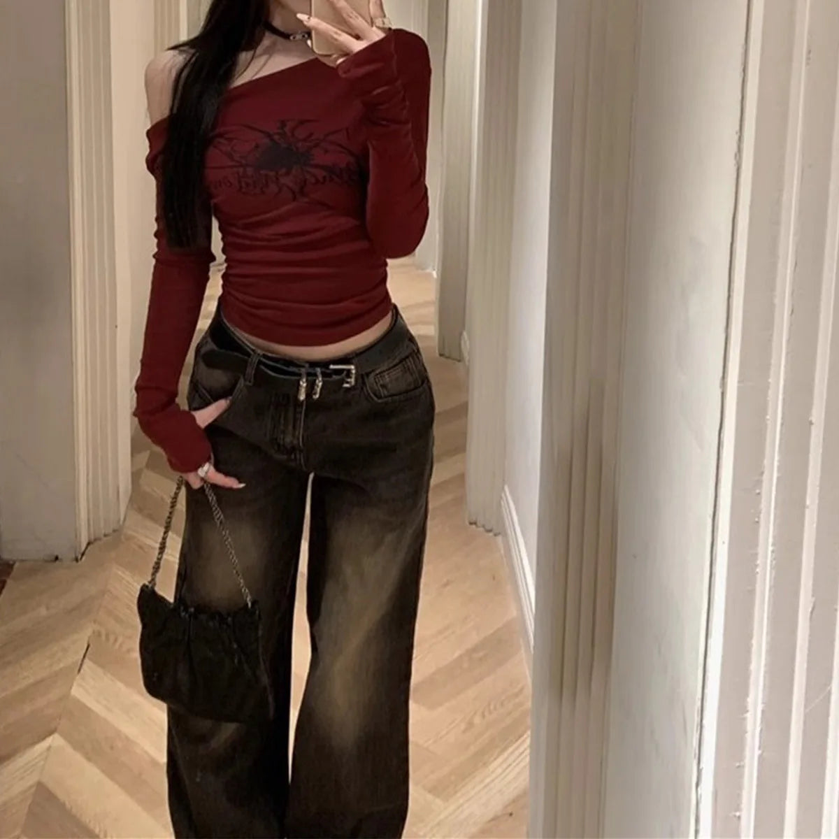 Gothic Print Grunge T-Shirts Women Long Sleeve Off the Shoulders Tops Y2K Clothes Streetwear Shirt Korean Style Vintage Crop Top.