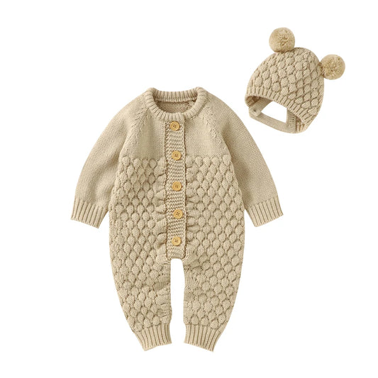 Autumn Baby Rompers Solid Long Sleeve Knitted Newborn Boys Girls Winter Outwear Jumpsuits Hats Clothes Sets 0-18m Infant Outfits