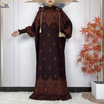2025 Women Long Sleeves Dress Cotton Ramadan Abaya with Two Hats Muslim Women's Kaftan Dress Dubai Turkey Islam Prayer Clothing.
