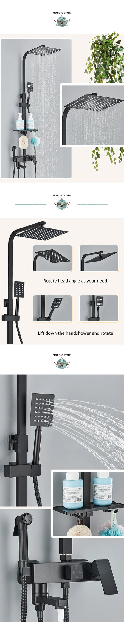 Black Chrome 3/4-way Shower Faucet Rainfall Shower Hot Cold Water Mixer Bidet Faucet Commodity Shelf For Bathroom Shower Mixer