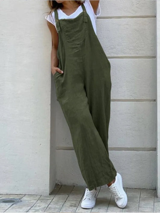 Spring Summer Jumpsuit For Women Solid Color Romper Casual Pant Pockets Button Wide Leg Strap Jumpsuits Loose Rompers Overalls.