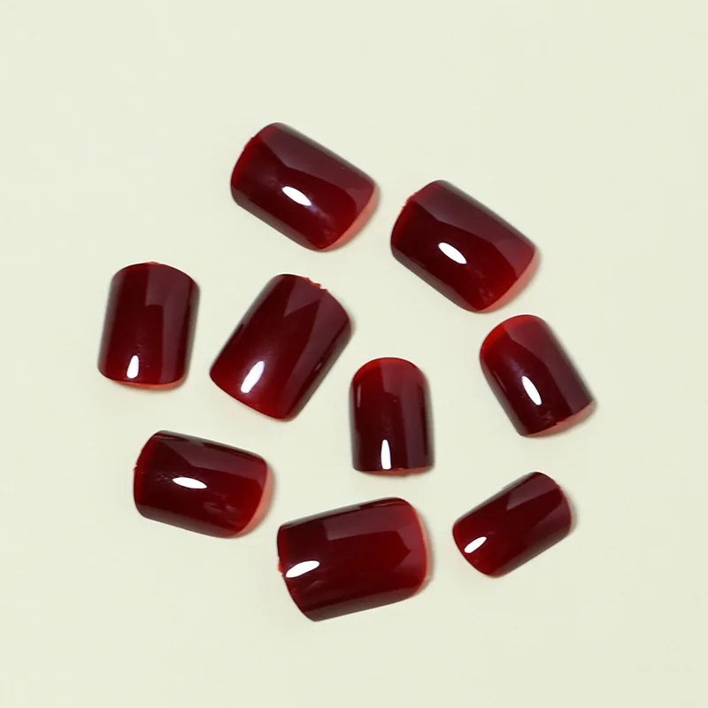 24Pcs Solid Color Wine Red Design Press on Nail Short Square False Nails Simple Detachable Finished Full Cover Nail Tips.